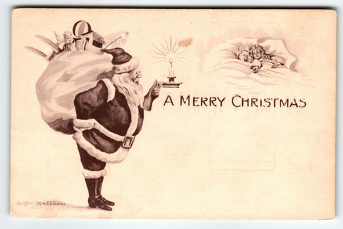 Santa Claus Christmas Postcard Saint Candle Kids In Bed 1909 E.B. Schofield