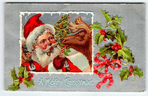 Santa Claus Christmas Postcard Smoking Saint Nick Feeds Candy Cane To Reindeer