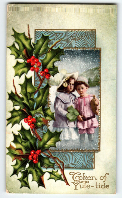 Christmas Postcard Victorian Children Holly Leaves Snow Yule-Tide Greetings