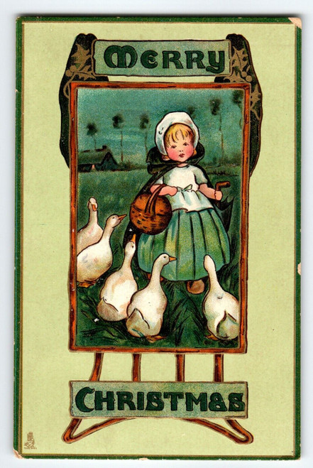 Christmas Postcard Dutch Girl Geese Wood Shoes Muff Ivy M. James Series 522 Tuck