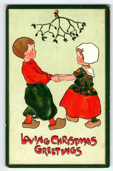 Christmas Postcard Dutch Children Under Mistletoe Ivy M. James Series 522 Tuck