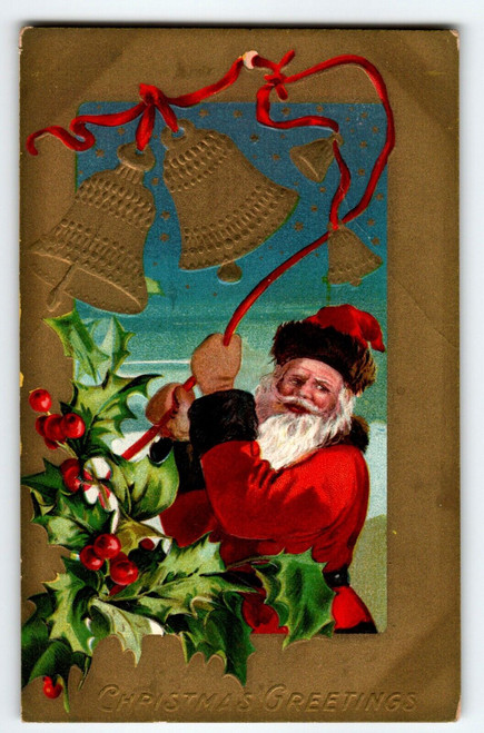 Santa Claus Christmas Postcard Saint Nick Rings Gold Bells Embossed 1909 AMP