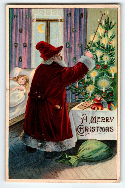 Santa Claus Christmas Postcard Old World Holds Candle Torch Lit Tree 1909 German