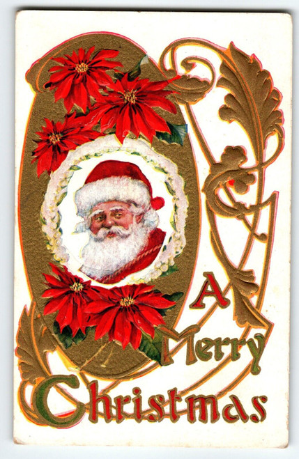 Santa Claus Christmas Postcard Saint Nick Gold Trimmed Embossed Poinsettias 79