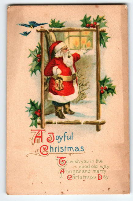 Santa Claus Joyful Christmas Postcard Saint Nick Smokes Pipe Hand Lantern 1921