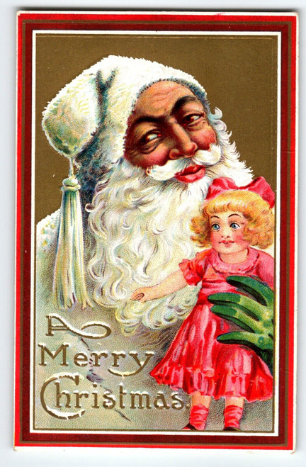 Santa Claus Christmas Postcard Old World White Coat & Hat Toy Doll Embossed