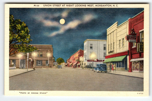 Moonlight Union Street Morganton North Carolina Postcard Linen Full Moon Old Car