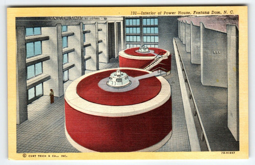 Interior Of Power House Fontana Dam North Carolina Postcard Curt Teich Linen