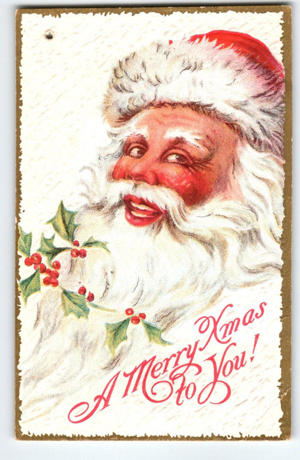 Santa Claus Postcard Christmas Greetings Jolly Face Embossed Hole Punch Vintage