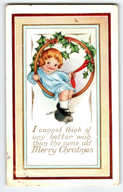 Christmas Greetings Postcard Girl Seated Inside Wreath 1915 Whitney Vintage