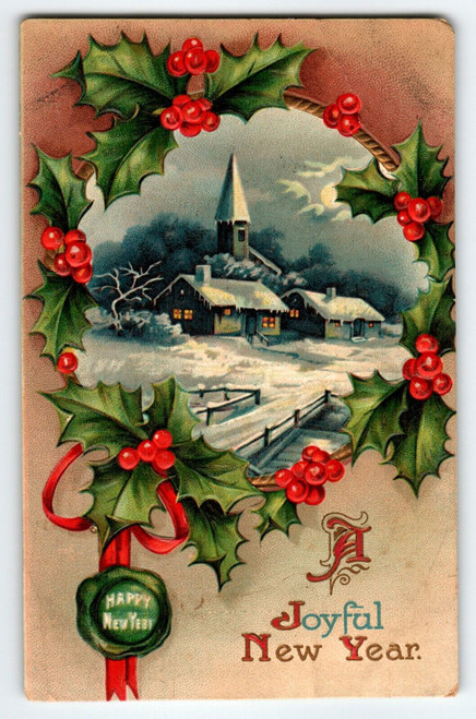 Joyful New Year Postcard Church Snow Holly Wreath Embossed Vintage 1910 Germany