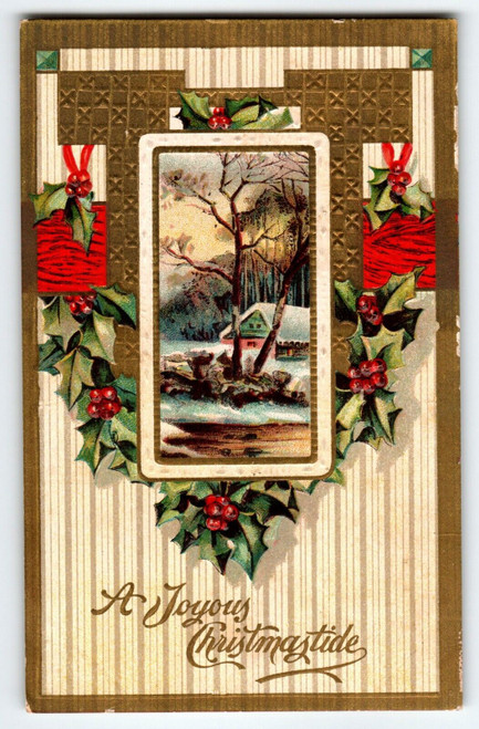 Christmas Postcard A Joyous Christmastide Country View Embossed Vintage Ser A 10
