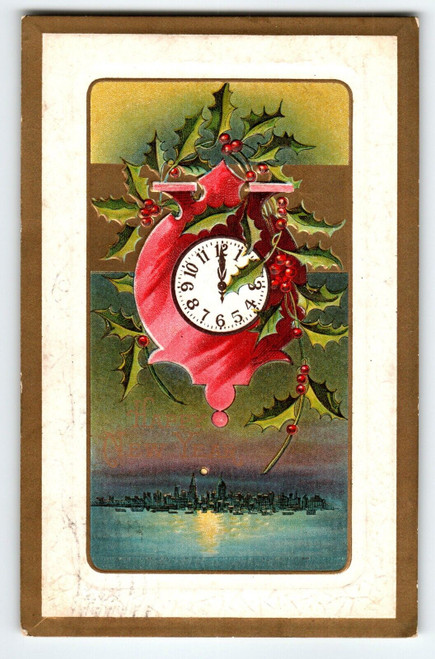 Happy New Year Postcard Ornamental Clock City Skyline Moon Lions Head 1912