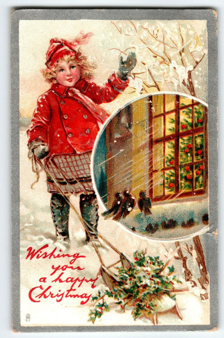 Christmas Postcard Frances Brundage Girl Sled Snow Icicles 1910 Tuck Series 136