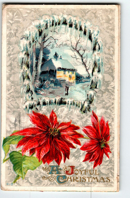 Christmas Postcard Joyful Country Cottage Icicles Snow 1912 Embossed Series 910
