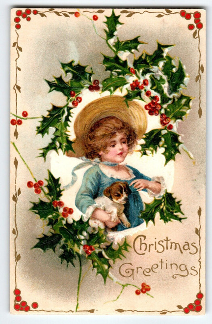 Christmas Postcard Winsch Back Schmucker Girl In Hat Holds Puppy Dog Spaniel