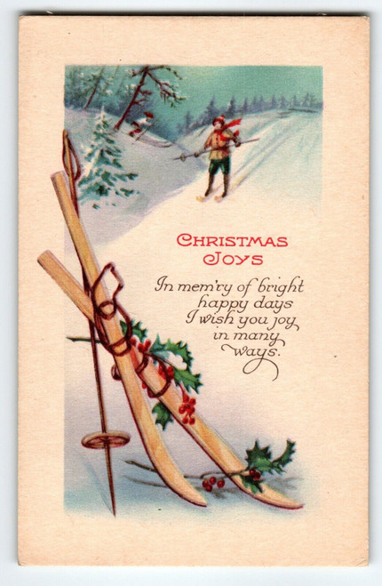Christmas Postcard Decorated Skis Man Skiing Down Hill Vintage Stecher Ser 1248A