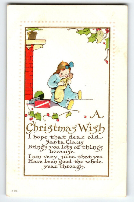 Christmas Postcard Child Holds Baby Doll Embossed 1916 Vintage Holiday Greetings