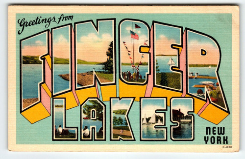 Greetings From Finger Lakes New York Large Letter Linen Postcard Vintage NY
