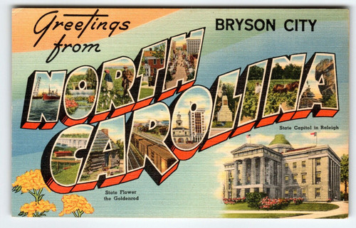 Greetings From Bryson City North Carolina Large Big Letter Linen Postcard