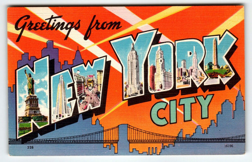 Greetings From New York City NY Large Big Letter Linen Postcard Vintage Blue