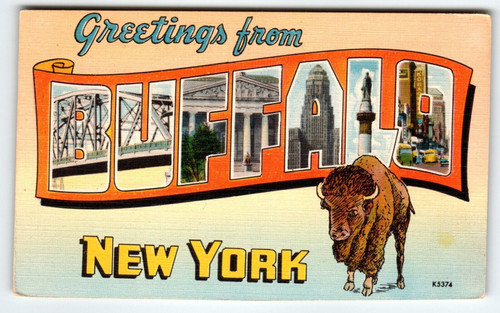 Greetings From Buffalo New York Large Big Letter Linen Postcard Unused Vintage