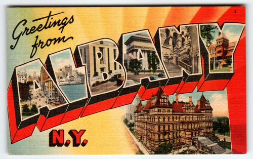 Greetings From Albany New York Large Big Letter Linen Postcard Unused Vintage NY