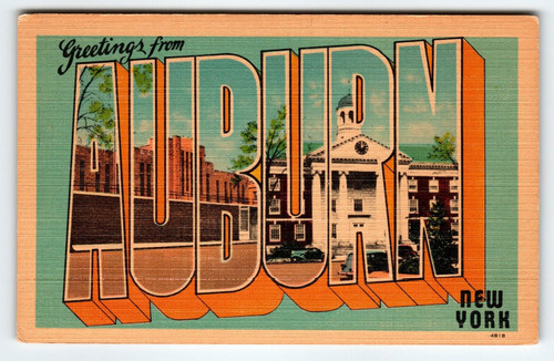 Greetings From Auburn New York Large Big Letter Linen Postcard Unused NY Vintage