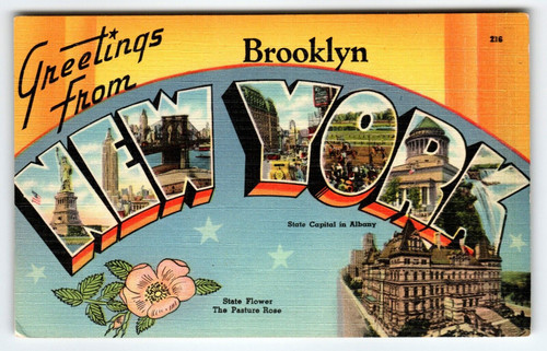 Greetings From Brooklyn New York Large Letter Linen Postcard NY Unused Vintage