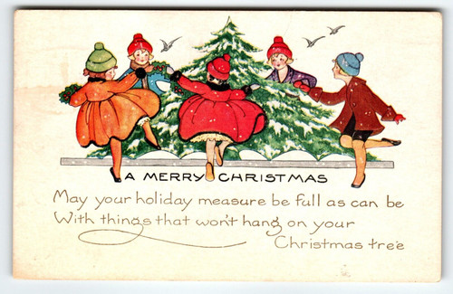 Christmas Postcard Children Dance Around Xmas Tree Flying Birds Whitney Vintage