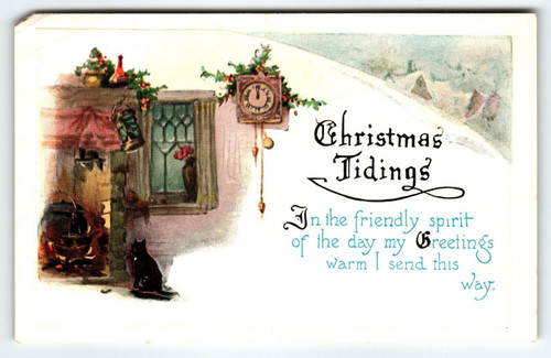 Christmas Tidings Postcard Black Cat Fireplace Clock Vintage Embossed Series 201