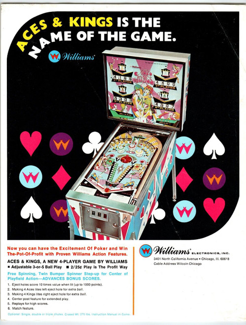 Aces & Kings Pinball Machine Flyer Original 1970 Vintage Retro Game Artwork