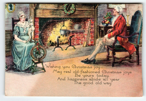 Christmas Greeting Card George Washington Man and Women Spinning Wheel Fireplace