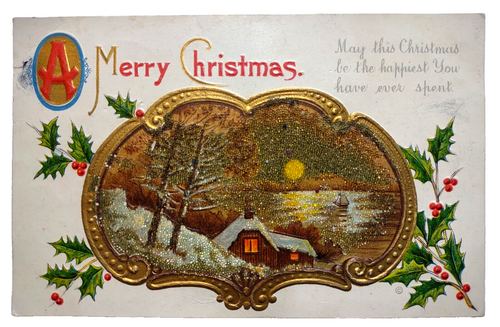 Christmas Postcard Country Cottage Moon Embossed Mica Glitter 1913 JJ Marks