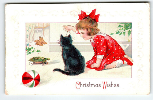 Christmas Postcard Child Girl With Black Cat Turtle Toy Stecher 338 F Embossed