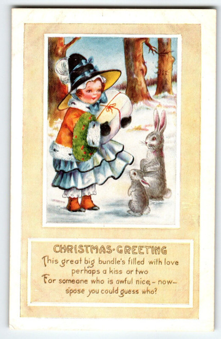 Christmas Postcard Girl In Large Hat Bunny Rabbits Vintage Whitney Unposted
