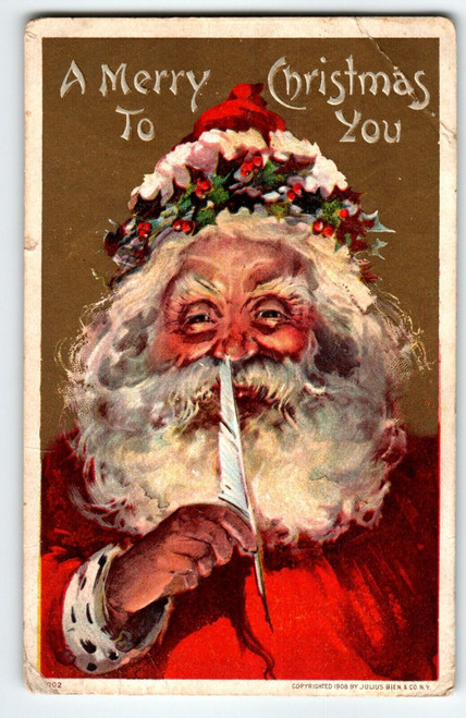 Santa Claus Christmas Postcard Jolly Saint Nick Holds Quill Pen Julius Bien 1908