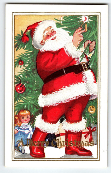 Santa Claus Christmas Postcard Jolly Saint Nick Lights Tree Candles Embossed