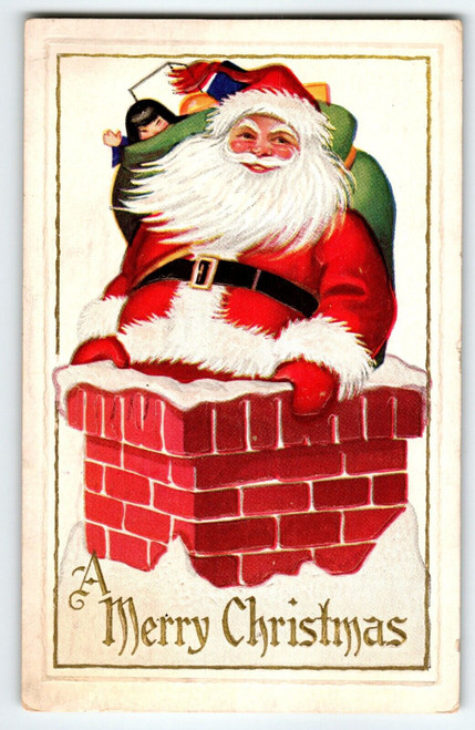 Santa Claus Christmas Postcard Jolly Saint Nick Chimney Rooftop 1925 Embossed