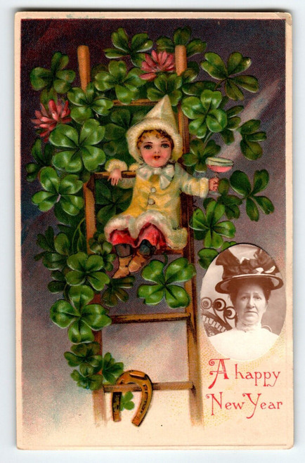 Happy New Year Postcard Child Girl Ladder Clovers Wine Glass Embossed BW Germany