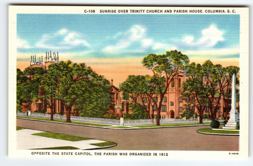 Sunrise Over Trinity Church Columbia South Carolina Linen Postcard Unused SC