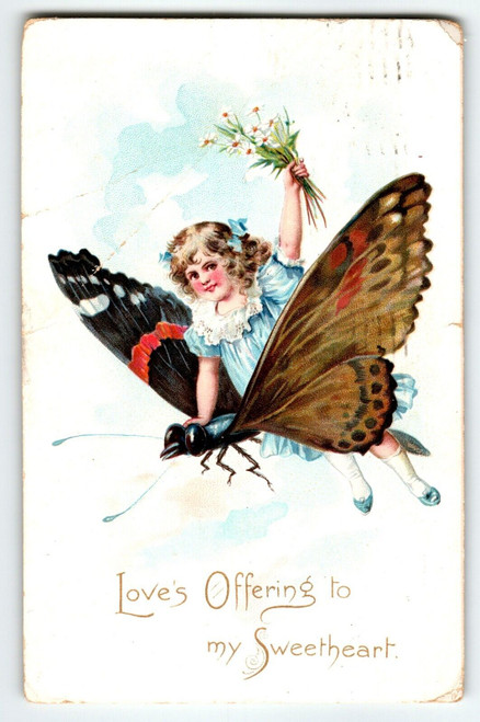 Valentines Day Postcard Tuck Anthropomorphic Girl Flying On Butterfly Fantasy
