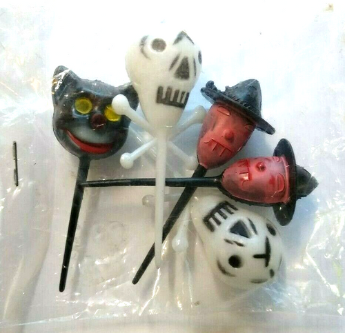 Halloween Plastic Cake Toppers Lot Of 5 Skulls Witches Black Cat Vintage Unused