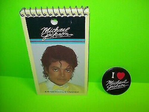 Michael Jackson Vintage Writing Memo Pad + Pinback Badge 1984 UNUSED I love MJ