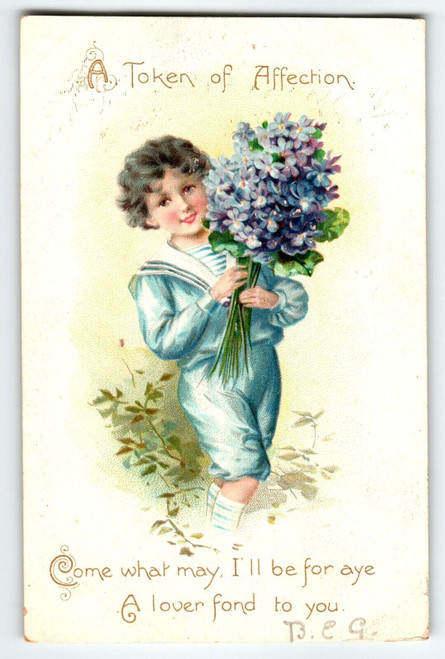 Valentines Day Postcard Tuck A Token Of Affection Victorian Child Blue Flowers