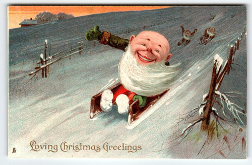 Christmas Postcard Dwarf On Sled Gnomes Fantasy Downhill Race Tuck Series 8360