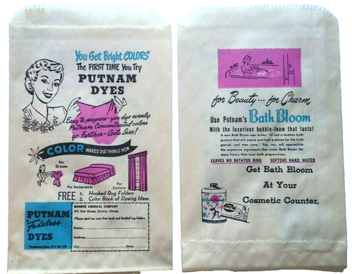 Putnam Dyes Bath Bloom Cosmetic 1940's Paper Bag Original Advertising Lot Of 2