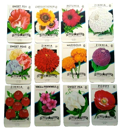 Vintage 1950's Flower Seed Packs EMPTY Lot 12 Zinna Petunia Marigold Sweet Pea