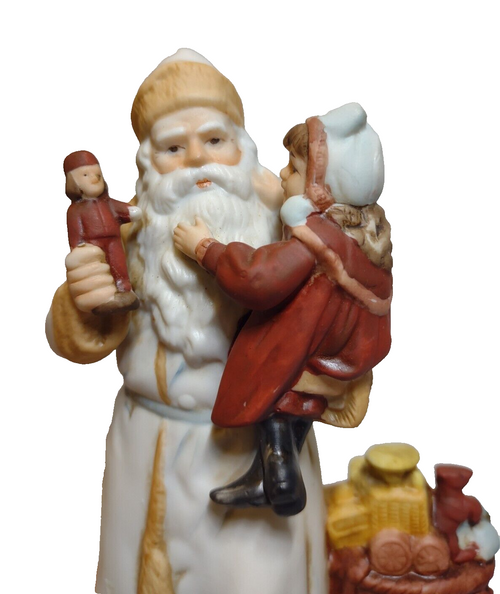 Old World Santa Claus Christmas Figurine White Long Coat Toys Child Dog Numbered