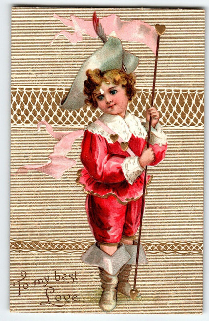 Valentines Day Postcard Victorian Child In Boots Hat Heart Staff Flag Germany